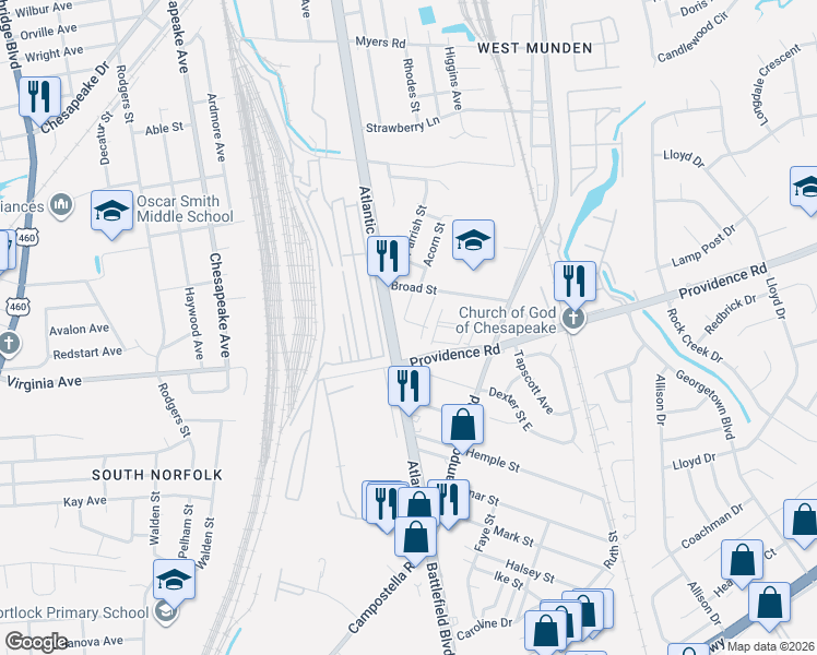 map of restaurants, bars, coffee shops, grocery stores, and more near 1848 Atlantic Avenue in Chesapeake
