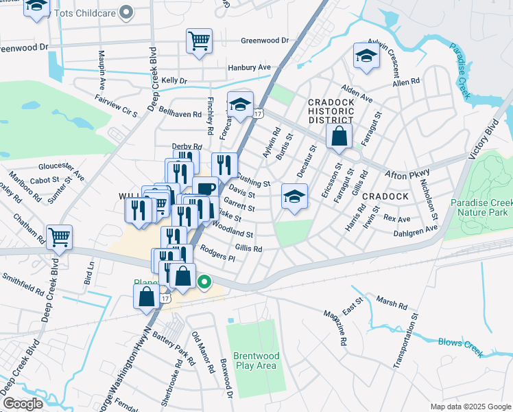 map of restaurants, bars, coffee shops, grocery stores, and more near 1825 Garrett Street in Portsmouth