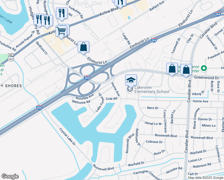 map of restaurants, bars, coffee shops, grocery stores, and more near 1415 Horne Avenue in Portsmouth