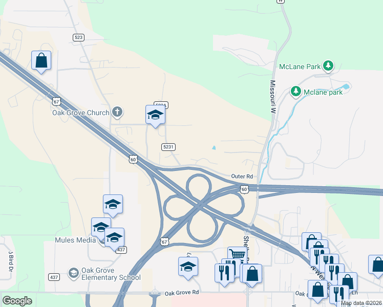 map of restaurants, bars, coffee shops, grocery stores, and more near 419 County Road 523A in Poplar Bluff