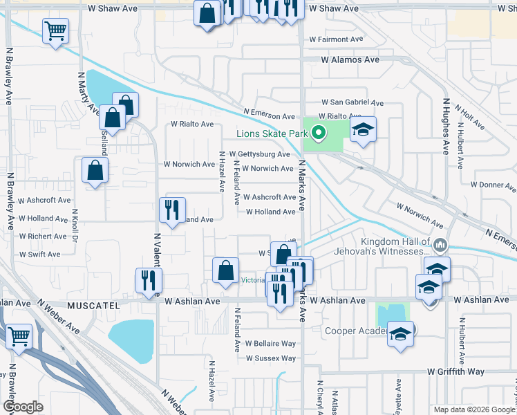 map of restaurants, bars, coffee shops, grocery stores, and more near 3111 West Holland Avenue in Fresno