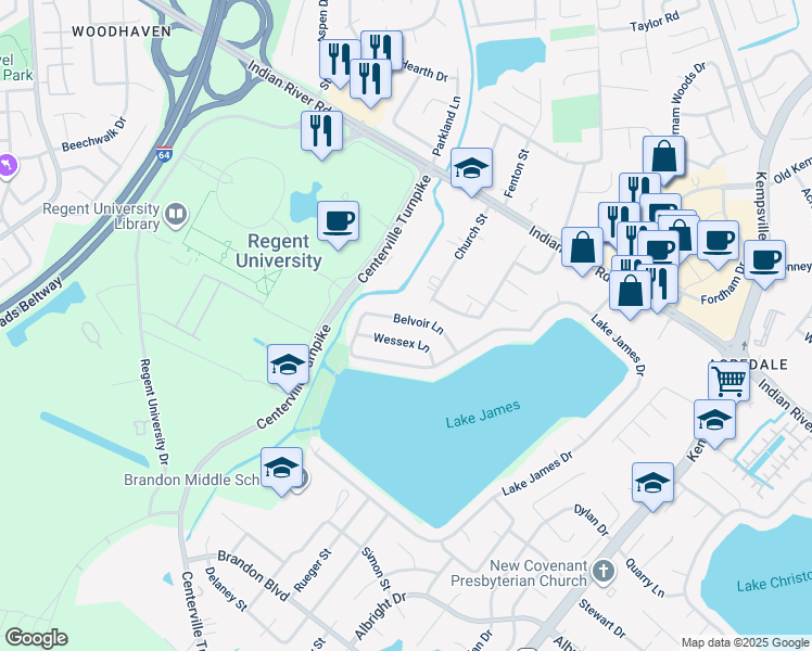 map of restaurants, bars, coffee shops, grocery stores, and more near 1032 Belvoir Lane in Virginia Beach