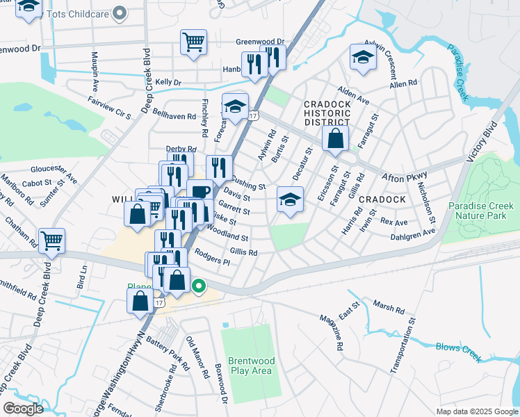 map of restaurants, bars, coffee shops, grocery stores, and more near 1804 Garrett Street in Portsmouth