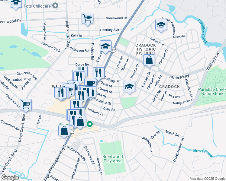 map of restaurants, bars, coffee shops, grocery stores, and more near 1825 Garrett Street in Portsmouth