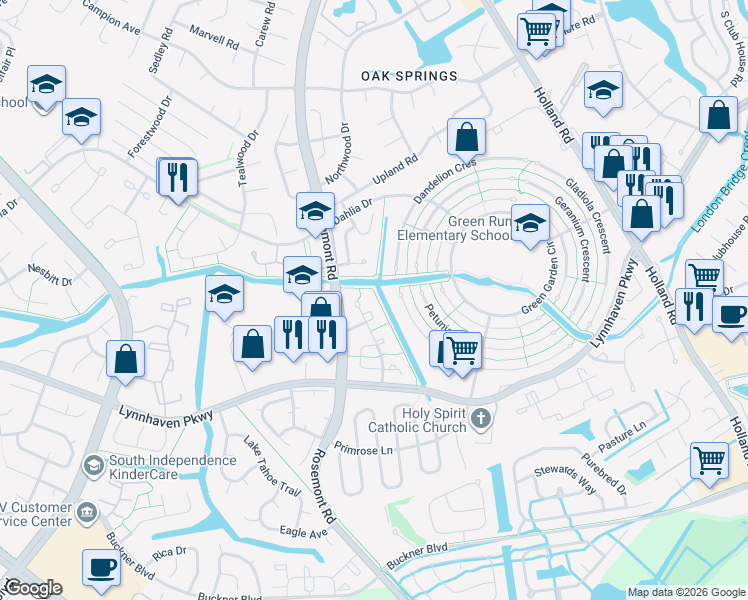 map of restaurants, bars, coffee shops, grocery stores, and more near 3565 Poppy Crescent in Virginia Beach