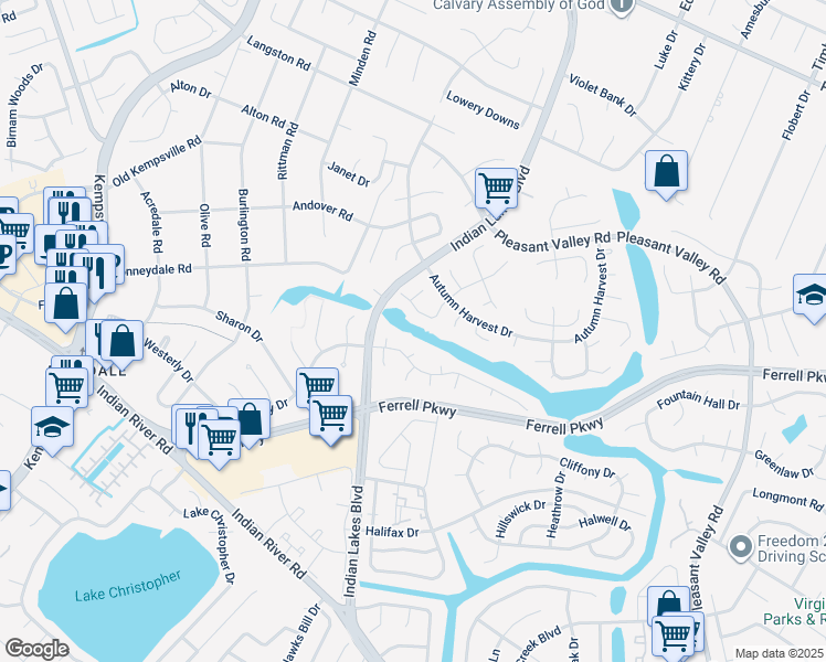 map of restaurants, bars, coffee shops, grocery stores, and more near 1401 Maldon Circle in Virginia Beach