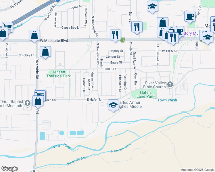 map of restaurants, bars, coffee shops, grocery stores, and more near 334 Muscat Drive in Mesquite