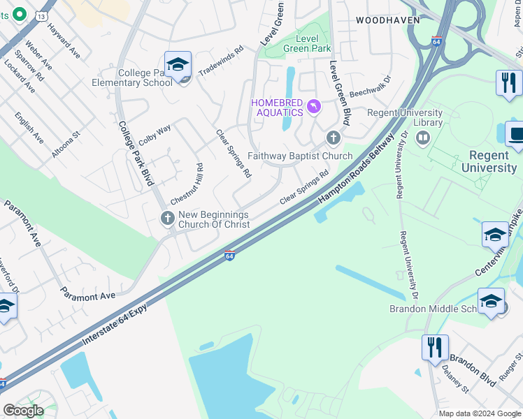 map of restaurants, bars, coffee shops, grocery stores, and more near 5970 Clear Springs Road in Virginia Beach