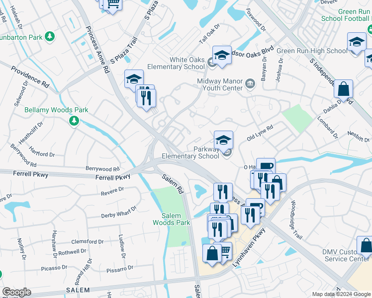 map of restaurants, bars, coffee shops, grocery stores, and more near 1527 Penrose Arch in Virginia Beach