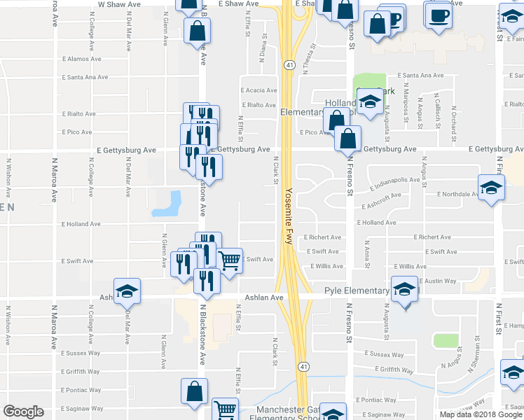 map of restaurants, bars, coffee shops, grocery stores, and more near 2020 East Ashcroft Avenue in Fresno