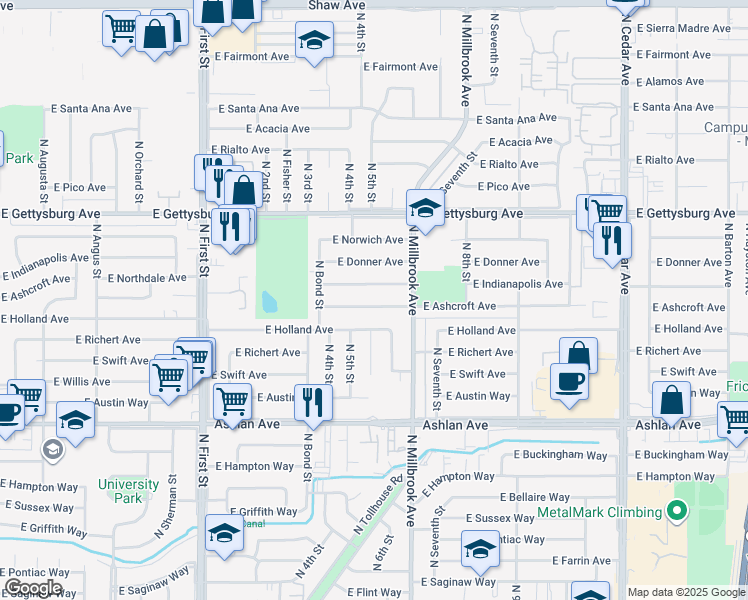 map of restaurants, bars, coffee shops, grocery stores, and more near 3618 East Ashcroft Avenue in Fresno