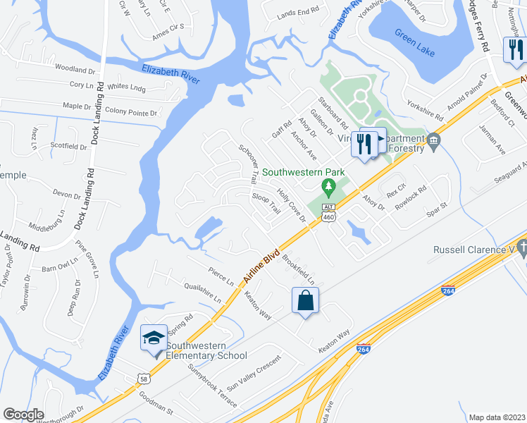 map of restaurants, bars, coffee shops, grocery stores, and more near 4012 Schooner Trail in Chesapeake