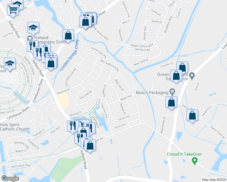 map of restaurants, bars, coffee shops, grocery stores, and more near 1221 Skylark Drive in Virginia Beach