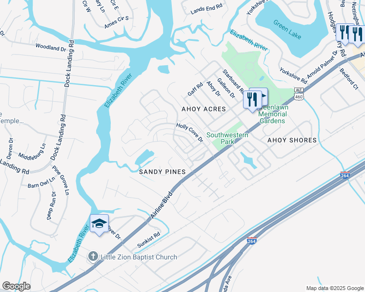 map of restaurants, bars, coffee shops, grocery stores, and more near 4012 Schooner Trail in Chesapeake