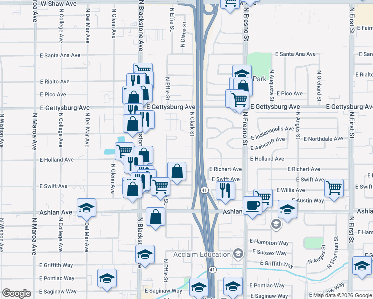 map of restaurants, bars, coffee shops, grocery stores, and more near 2030 East Ashcroft Avenue in Fresno