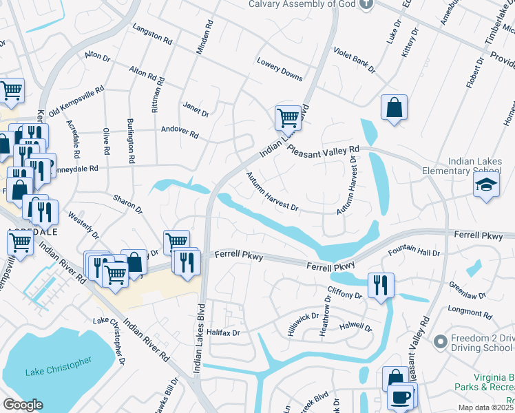 map of restaurants, bars, coffee shops, grocery stores, and more near 5120 Egton Court in Virginia Beach