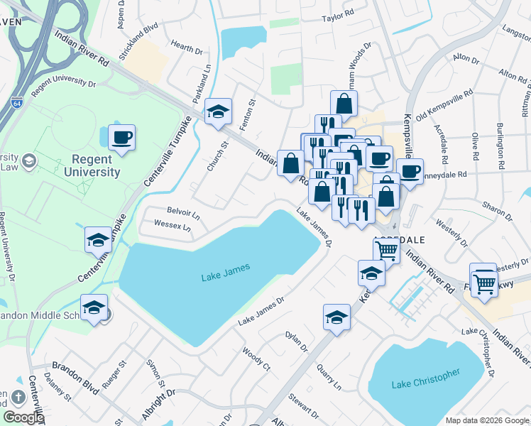 map of restaurants, bars, coffee shops, grocery stores, and more near 1265 Belvoir Lane in Virginia Beach