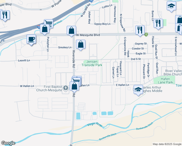 map of restaurants, bars, coffee shops, grocery stores, and more near 717 West Hafen Lane in Mesquite