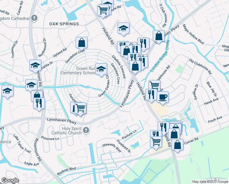 map of restaurants, bars, coffee shops, grocery stores, and more near 1261 Geranium Crescent in Virginia Beach