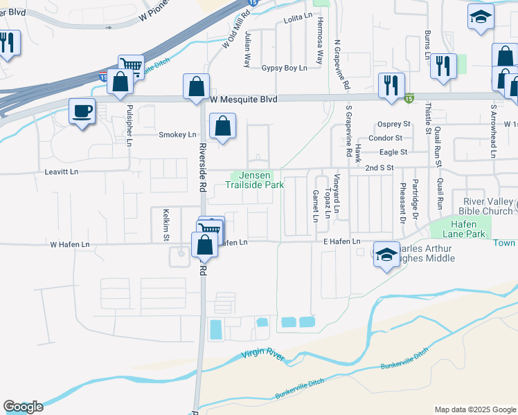 map of restaurants, bars, coffee shops, grocery stores, and more near 717 West Hafen Lane in Mesquite