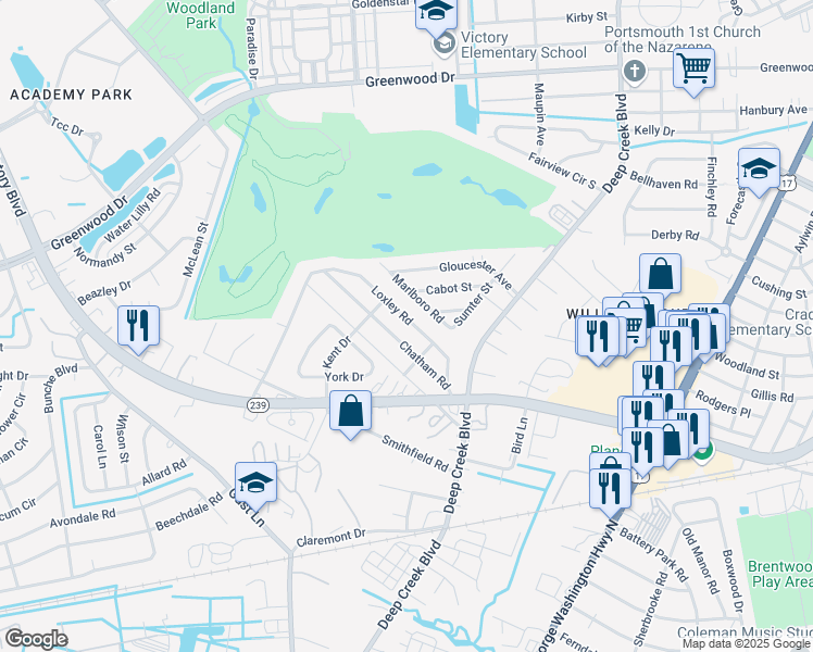 map of restaurants, bars, coffee shops, grocery stores, and more near 26 Loxley Road in Portsmouth