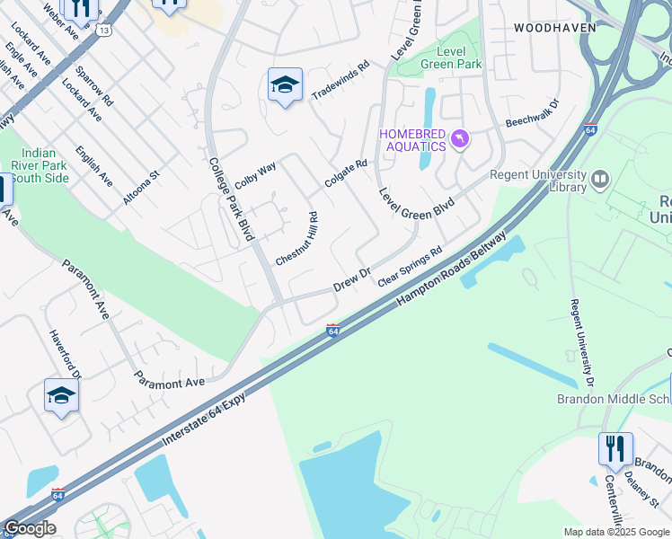 map of restaurants, bars, coffee shops, grocery stores, and more near 6344 Dartmouth Way in Virginia Beach