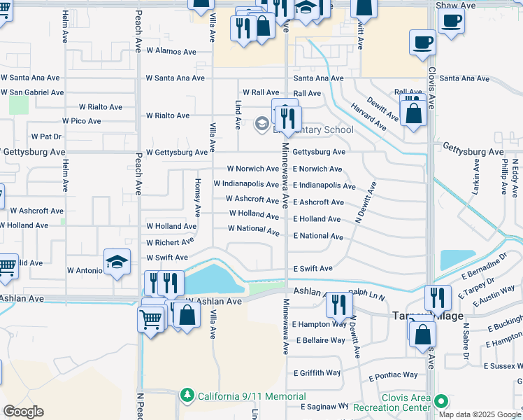 map of restaurants, bars, coffee shops, grocery stores, and more near 60 West Holland Avenue in Clovis