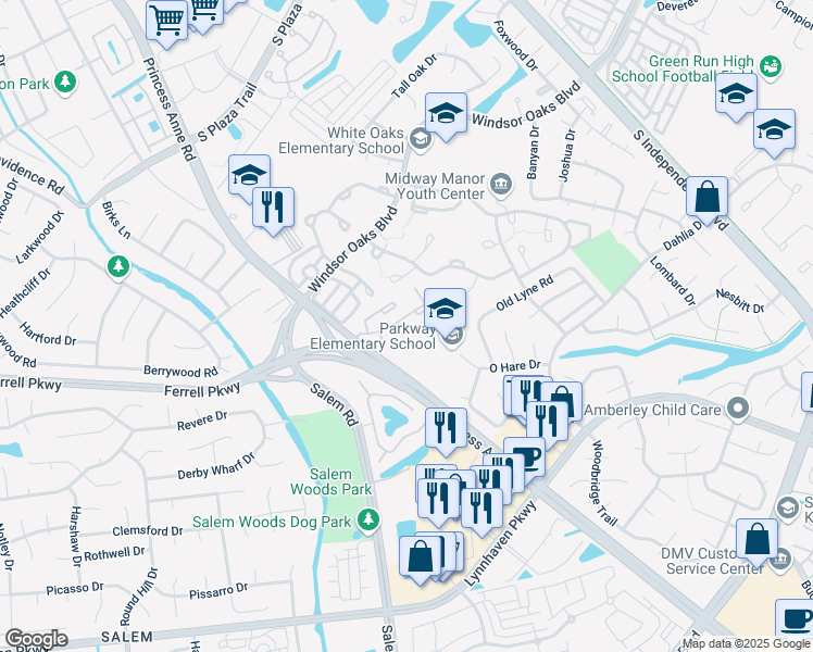 map of restaurants, bars, coffee shops, grocery stores, and more near 1423 Ivywood Road in Virginia Beach