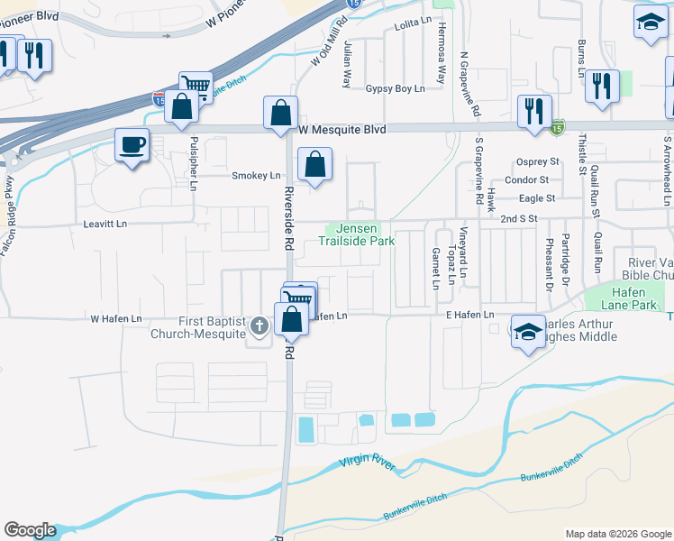 map of restaurants, bars, coffee shops, grocery stores, and more near 767 Moss Drive in Mesquite