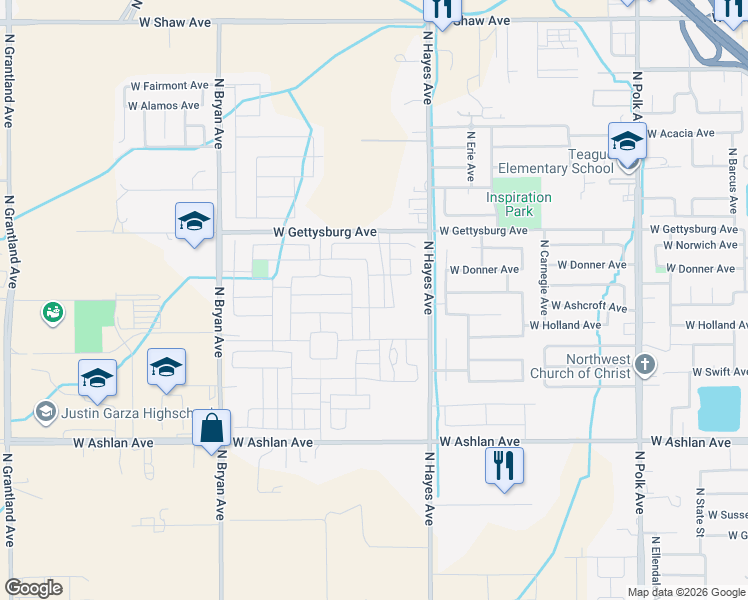 map of restaurants, bars, coffee shops, grocery stores, and more near 4323 North Gorma Avenue in Fresno