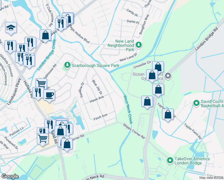 map of restaurants, bars, coffee shops, grocery stores, and more near 1305 Hawk Avenue in Virginia Beach