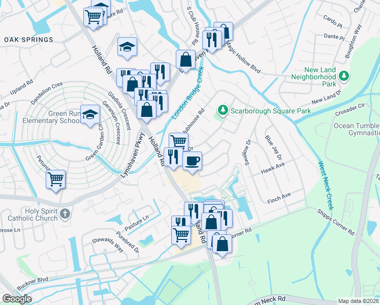 map of restaurants, bars, coffee shops, grocery stores, and more near 1272 Mondrian Loop in Virginia Beach