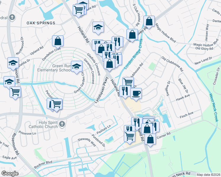 map of restaurants, bars, coffee shops, grocery stores, and more near 3313 Weeping Willow Lane in Virginia Beach