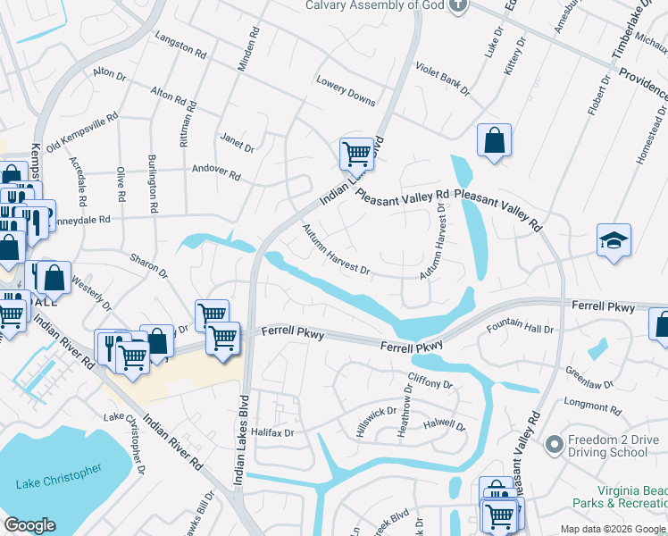 map of restaurants, bars, coffee shops, grocery stores, and more near 5116 Earlston Lane in Virginia Beach