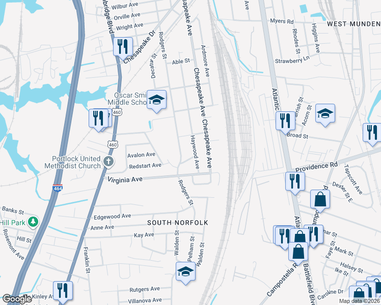 map of restaurants, bars, coffee shops, grocery stores, and more near 2523 Rodgers Street in Chesapeake