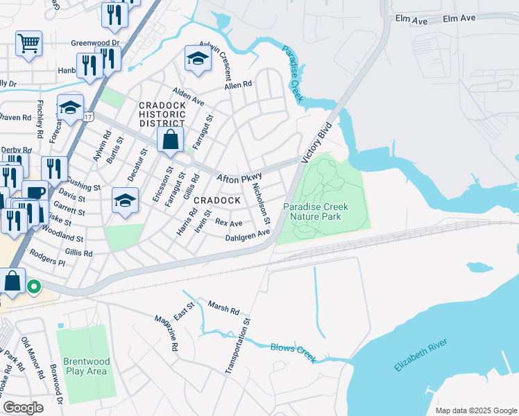 map of restaurants, bars, coffee shops, grocery stores, and more near 12 Morris Street in Portsmouth