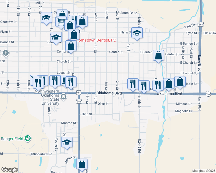 map of restaurants, bars, coffee shops, grocery stores, and more near 214 Oklahoma Boulevard in Alva