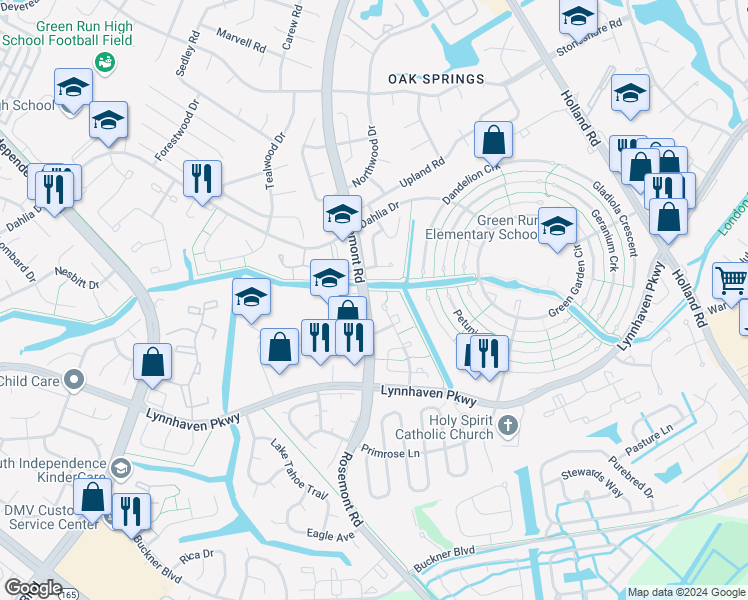 map of restaurants, bars, coffee shops, grocery stores, and more near 1311 Sierra Drive in Virginia Beach