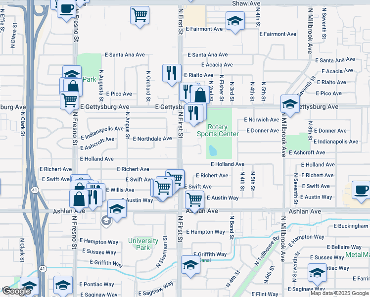 map of restaurants, bars, coffee shops, grocery stores, and more near 4420 North First Street in Fresno