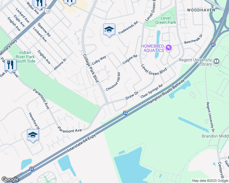 map of restaurants, bars, coffee shops, grocery stores, and more near 1328 College Park Boulevard in Virginia Beach