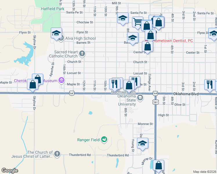 map of restaurants, bars, coffee shops, grocery stores, and more near 928 Oklahoma Boulevard in Alva