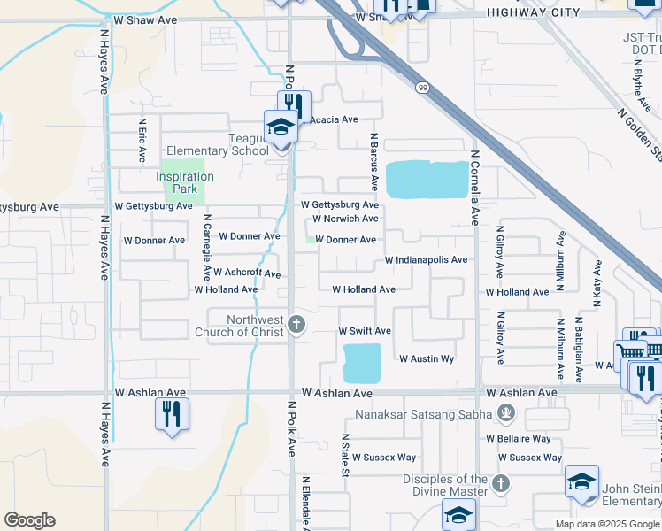 map of restaurants, bars, coffee shops, grocery stores, and more near 5381 West Ashcroft Avenue in Fresno