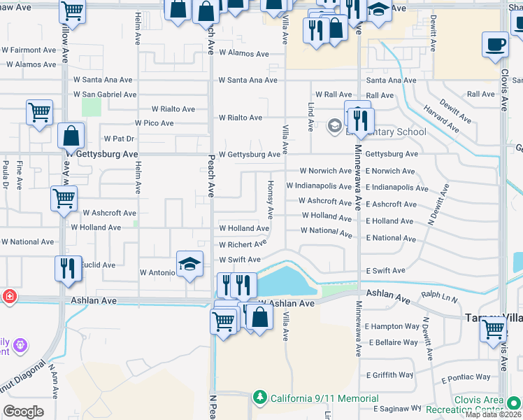 map of restaurants, bars, coffee shops, grocery stores, and more near 2951 Caesar Avenue in Clovis