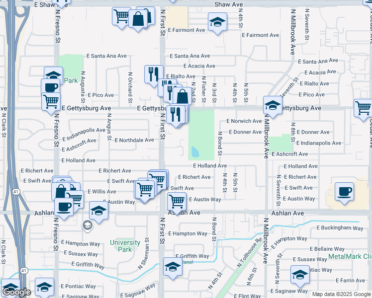 map of restaurants, bars, coffee shops, grocery stores, and more near 3227 East Holland Avenue in Fresno