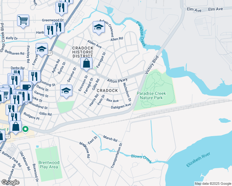 map of restaurants, bars, coffee shops, grocery stores, and more near 98 Channing Avenue in Portsmouth