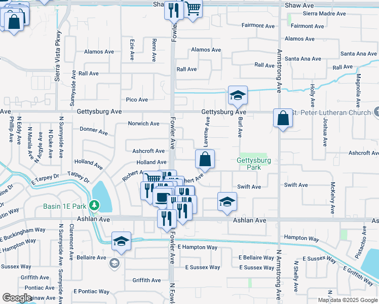 map of restaurants, bars, coffee shops, grocery stores, and more near 1863 Ashcroft Avenue in Clovis