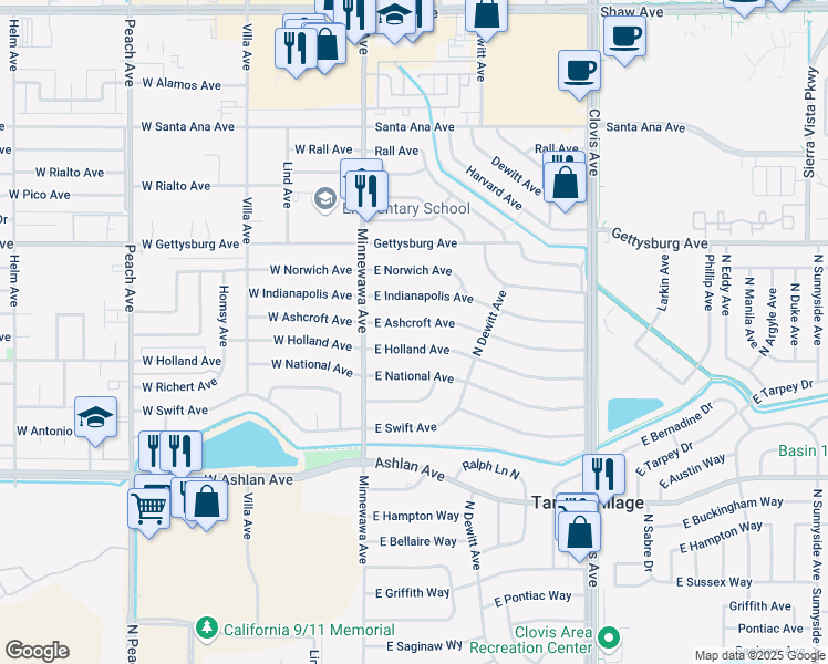 map of restaurants, bars, coffee shops, grocery stores, and more near 5431 East Holland Avenue in Fresno
