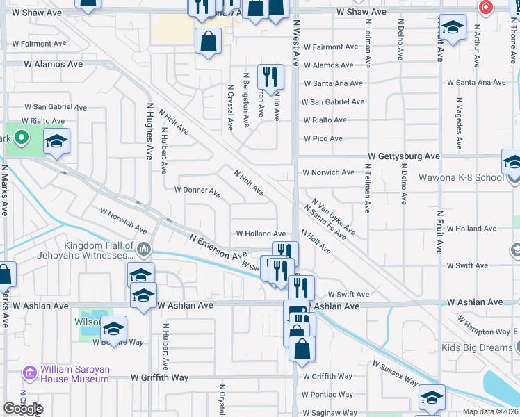 map of restaurants, bars, coffee shops, grocery stores, and more near 1540 West Ashcroft Avenue in Fresno