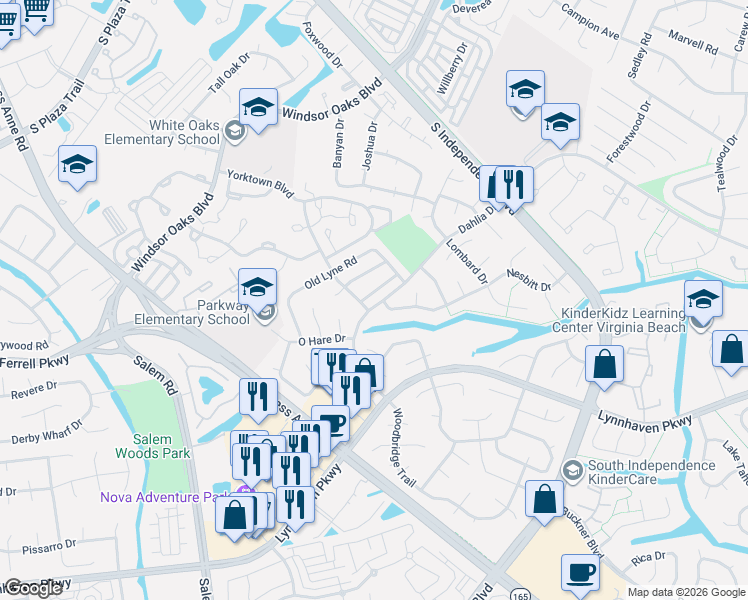 map of restaurants, bars, coffee shops, grocery stores, and more near 1384 Nesbitt Drive in Virginia Beach