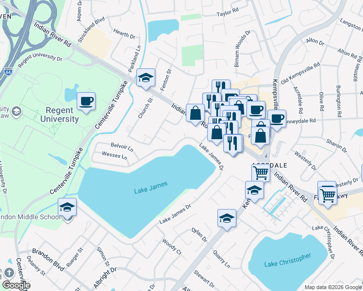 map of restaurants, bars, coffee shops, grocery stores, and more near 1265 Belvoir Lane in Virginia Beach